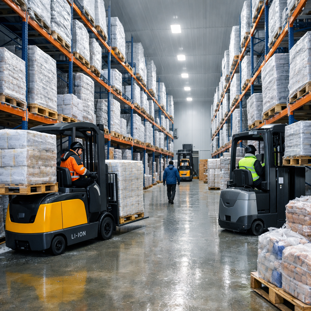 Forklifts in a cold storage warehouse