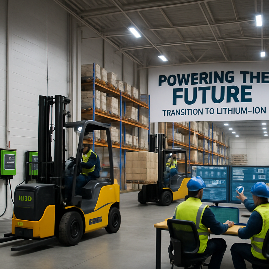 Clean warehouse with forklifts powered by lithium-ion batteries 