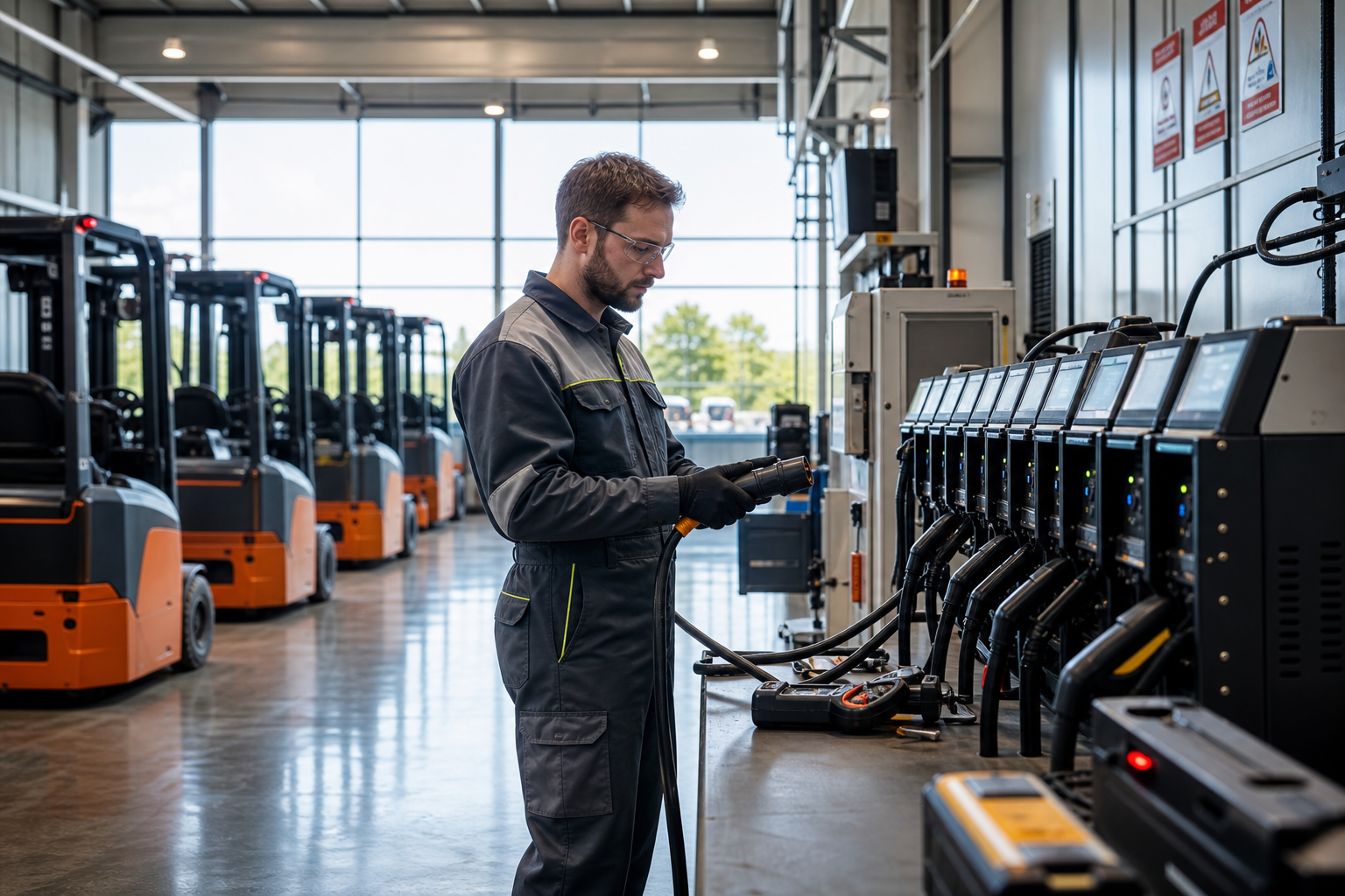 Fleet battery chargers connected to lithium-ion battery for forklifts in a warehouse
