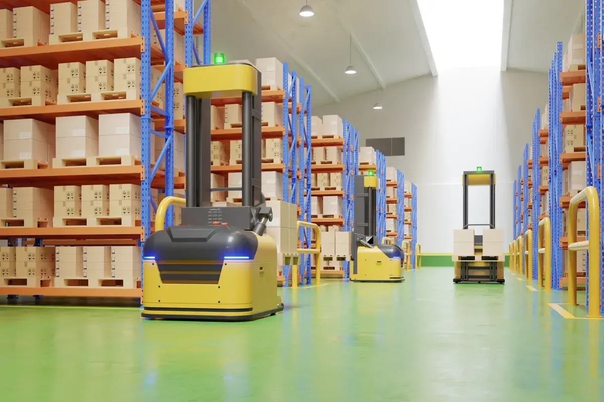 A modern warehouse with blue and orange shelving units filled with boxes. Three yellow autonomous robots navigate the bright green floor, conveying efficiency.
