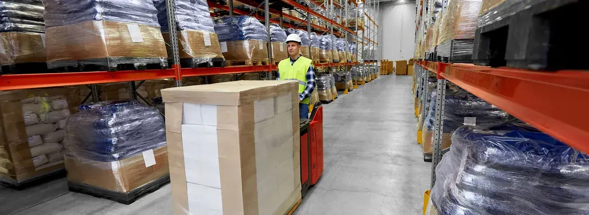 A worker in a yellow vest operates a pallet jack, moving stacked boxes in a spacious, organized warehouse aisle. The scene conveys efficiency.