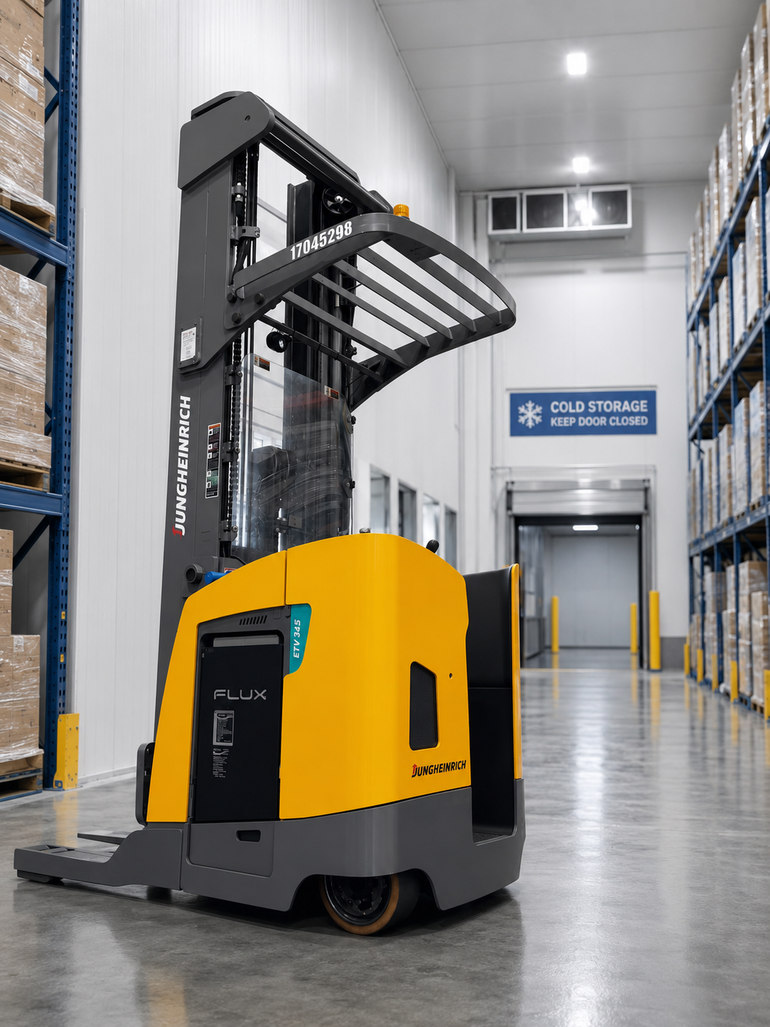 Forklift with Flux Power Battery Working in a Cold Storage Warehouse 