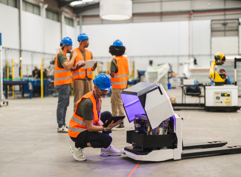 A crew in orange safety vests working on a fork lift